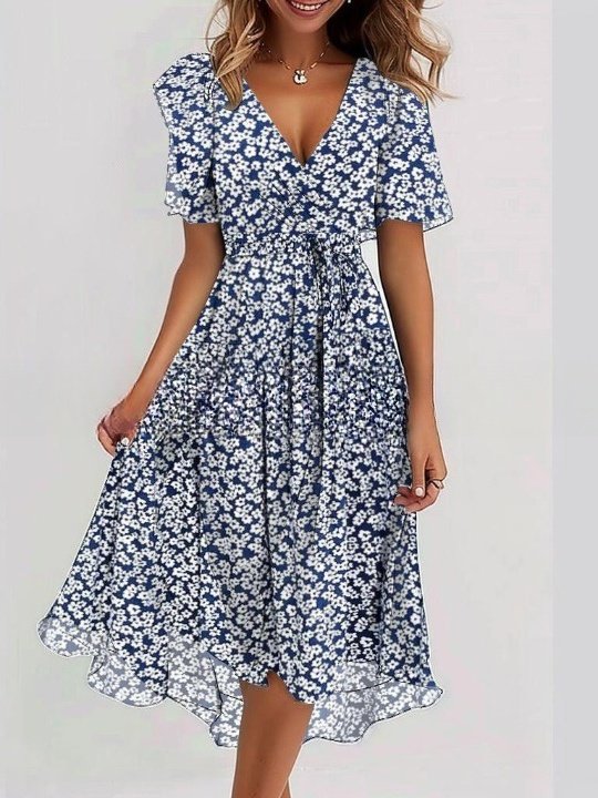 Damen Geblümt Kurzarm Sommer Print Kleid V-Ausschnitt Täglich Retro Maxikleid Rüschenrock A-Linien-Kleid