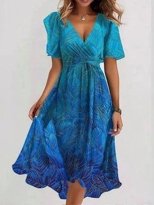 Damen Geblümt Kurzarm Sommer Print Kleid V-Ausschnitt Täglich Retro Maxikleid Rüschenrock A-Linien-Kleid