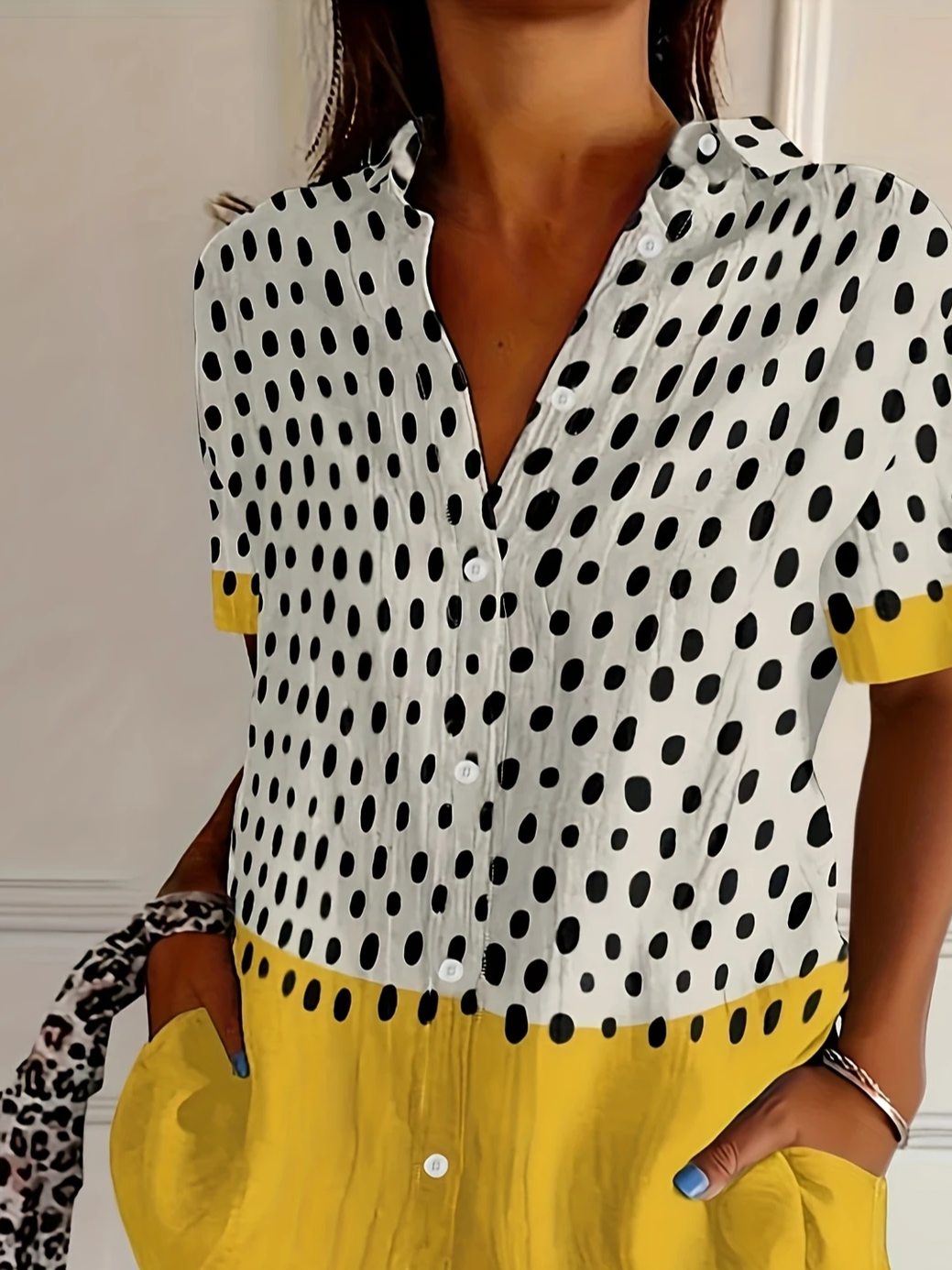 Damen Abstrakte Tupfen Kurzarm Bluse Sommer Print Hemdkragen Täglich Lässig Oberteile