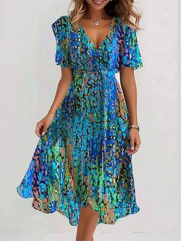 Damen Geblümt Kurzarm Sommer Print Kleid V-Ausschnitt Täglich Retro Maxikleid Rüschenrock A-Linien-Kleid