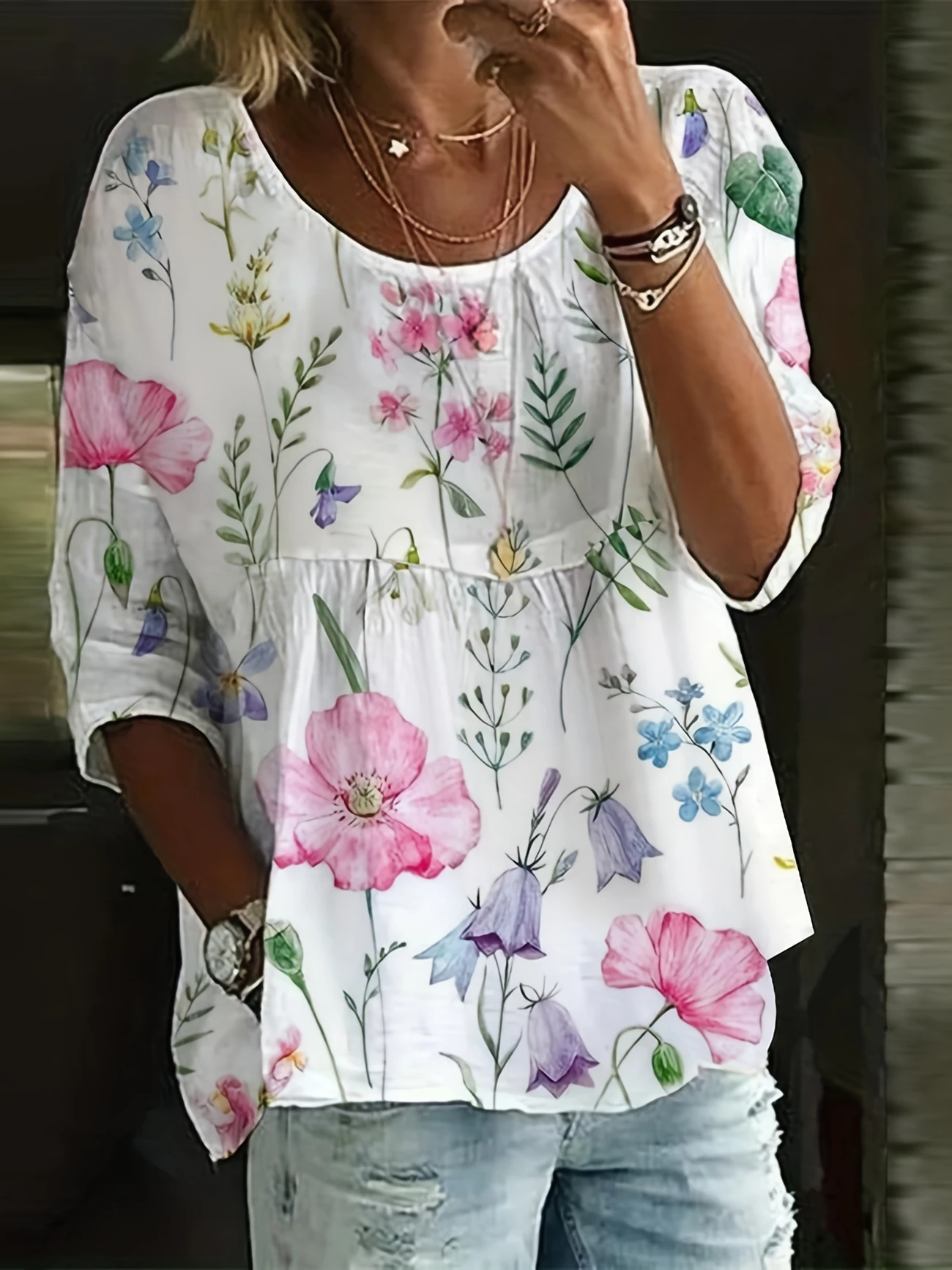 Damen Geblümt Halbarm Bluse Sommer Print Rundhals Täglich Lässig Oberteile