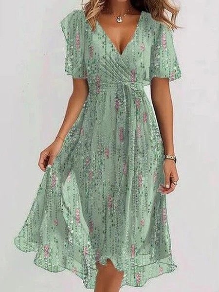 Damen Geblümt Kurzarm Sommer Print Kleid V-Ausschnitt Täglich Retro Maxikleid Rüschenrock A-Linien-Kleid