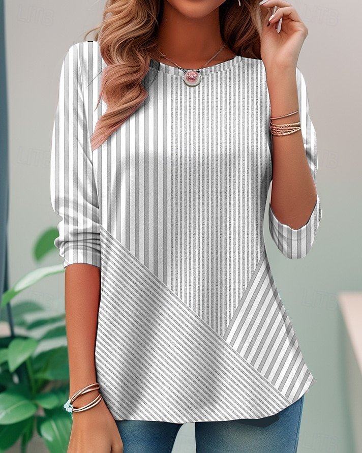 Damen Gestreift Langarm T-Shirts T-Shirt Rundhals Lässig Frühling/Herbst Oberteile