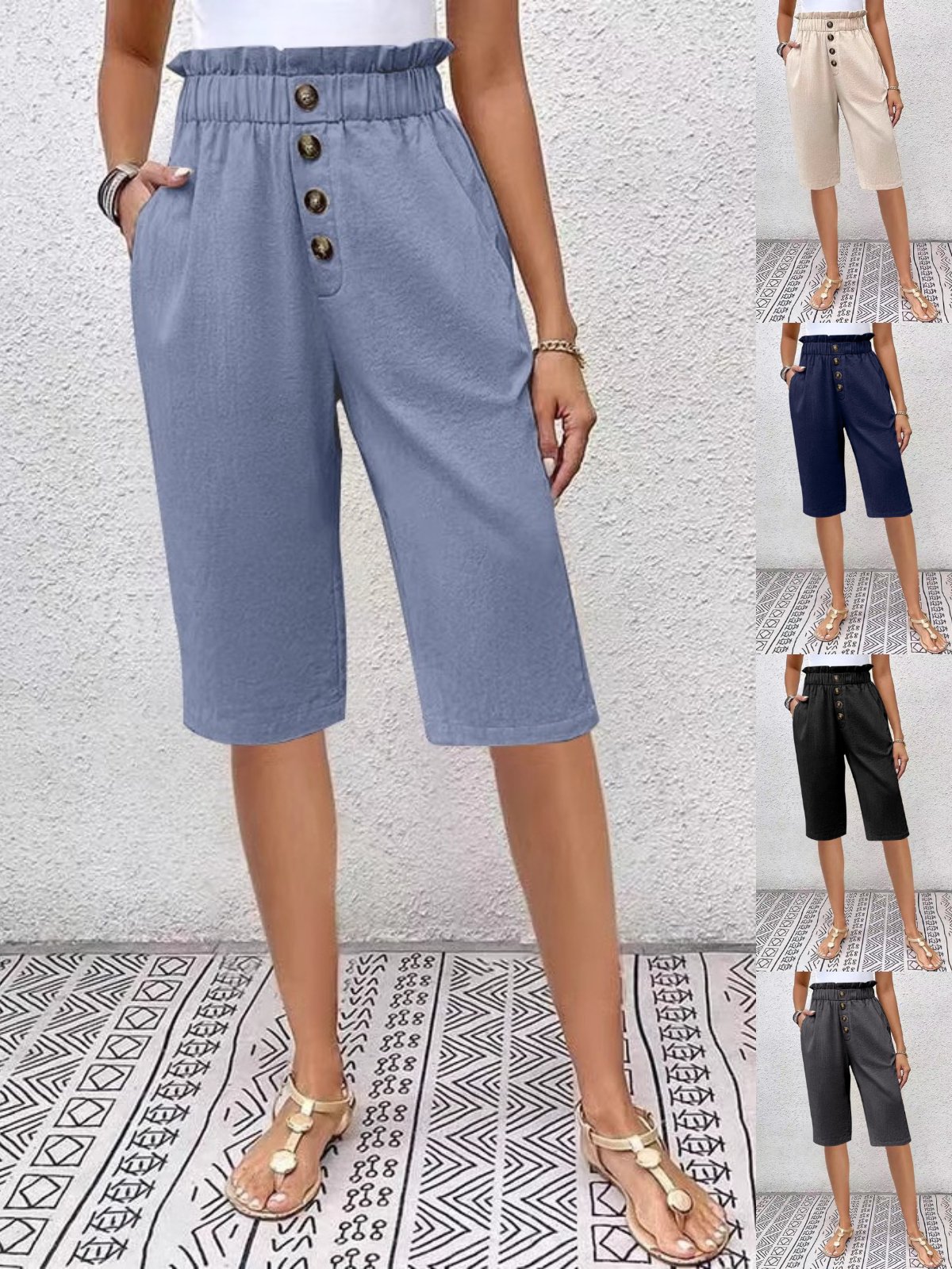Damen Unifarben Fünfte Hose Elastische Taille Hose Lässig Sommer Hose