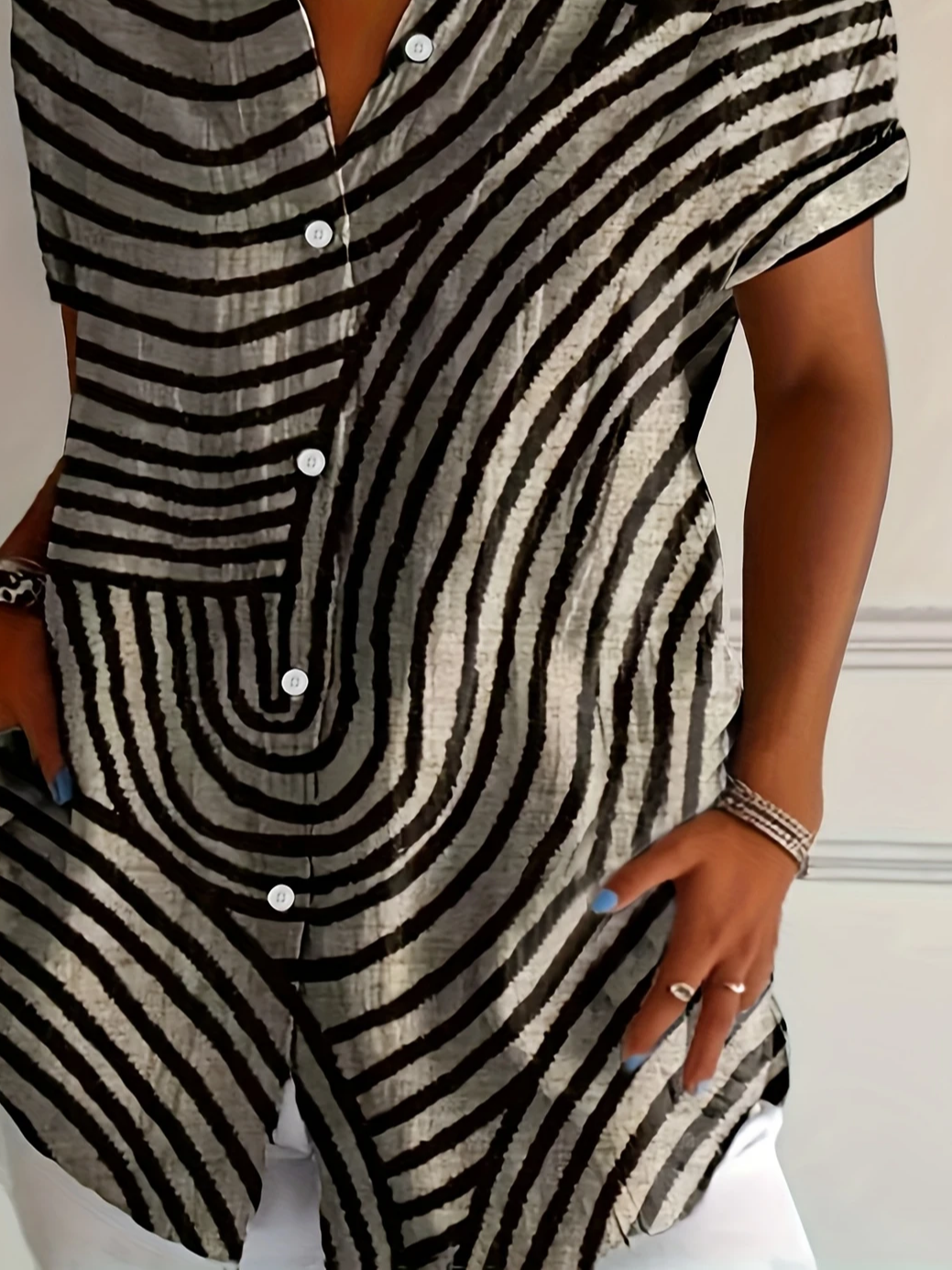 Damen abstrakte Streifen Kurzarm Bluse Sommer Print Hemdkragen Täglich Lässig Oberteile
