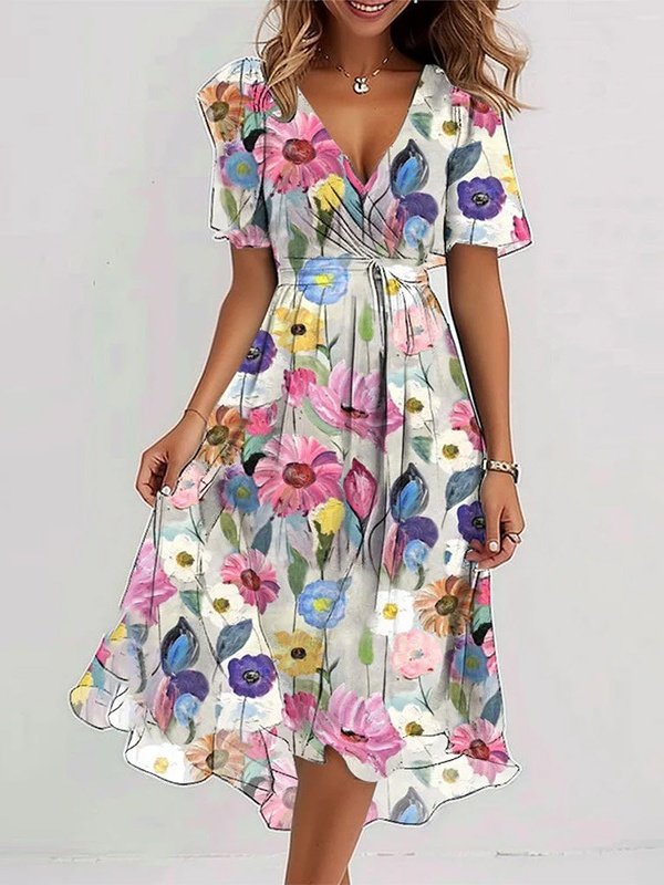 Damen Geblümt Kurzarm Sommer Print Kleid V-Ausschnitt Täglich Retro Maxikleid Rüschenrock A-Linien-Kleid