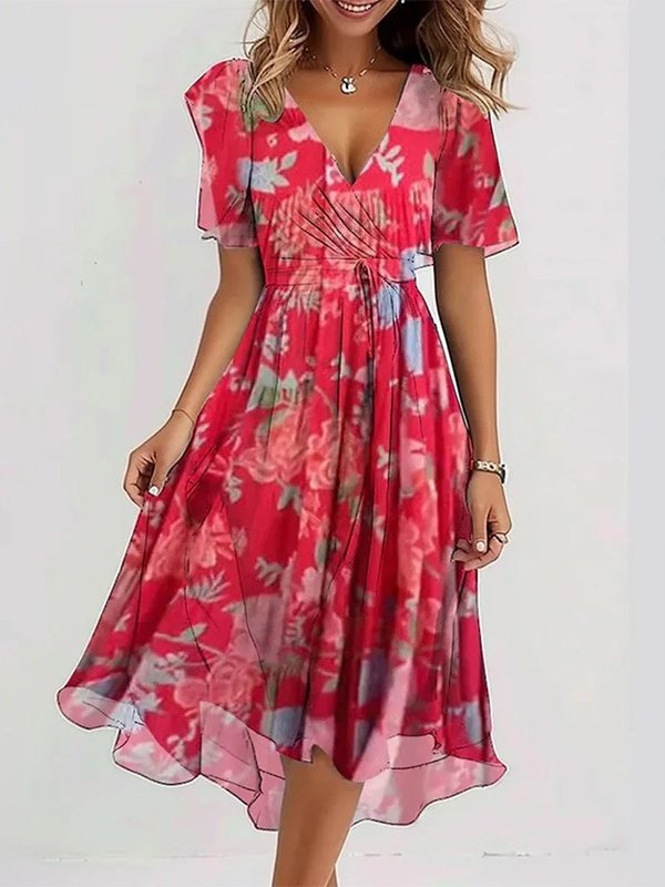 Damen Geblümt Kurzarm Sommer Print Kleid V-Ausschnitt Täglich Retro Maxikleid Rüschenrock A-Linien-Kleid