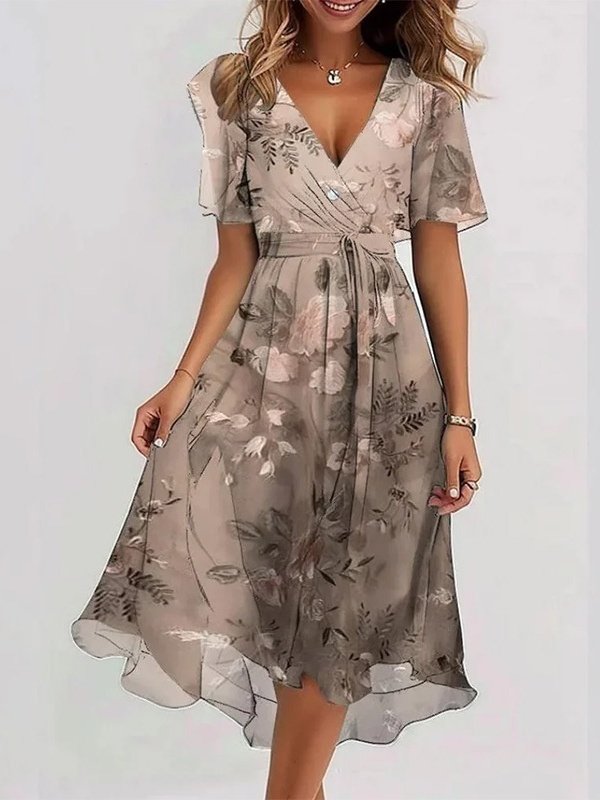 Damen Geblümt Kurzarm Sommer Print Kleid V-Ausschnitt Täglich Retro Maxikleid Rüschenrock A-Linien-Kleid