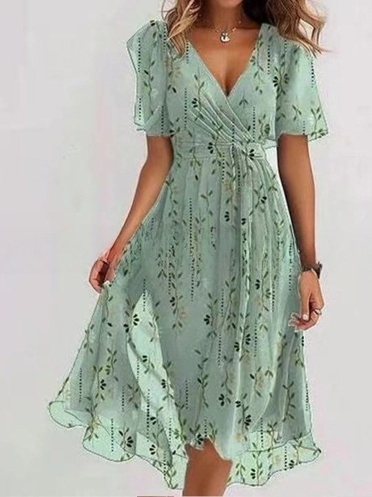 Damen Geblümt Kurzarm Sommer Print Kleid V-Ausschnitt Täglich Retro Maxikleid Rüschenrock A-Linien-Kleid