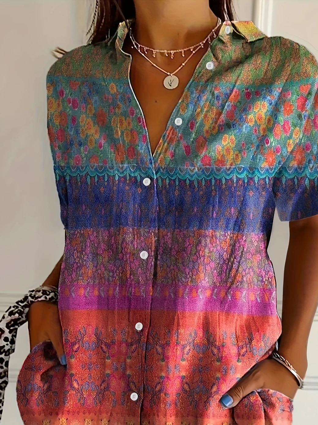 Damen Geblümt Kurzarm Bluse Sommer Print Hemdkragen Täglich Lässig Oberteile