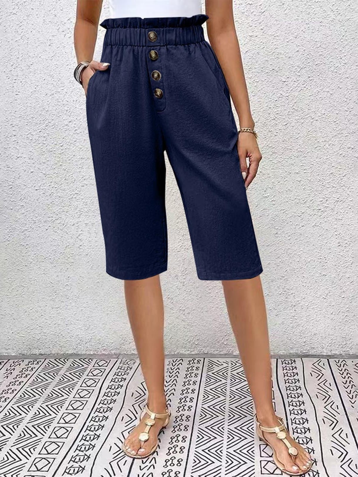 Damen Unifarben Fünfte Hose Elastische Taille Hose Lässig Sommer Hose