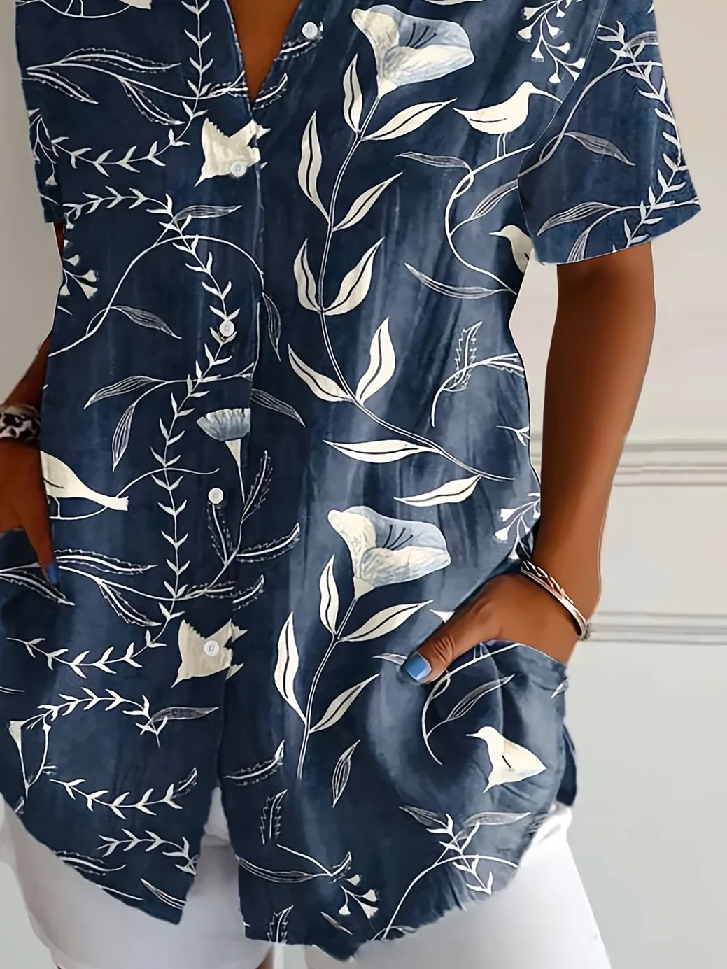 Damen Geblümt Kurzarm Bluse Sommer Print Hemdkragen Täglich Lässig Oberteile
