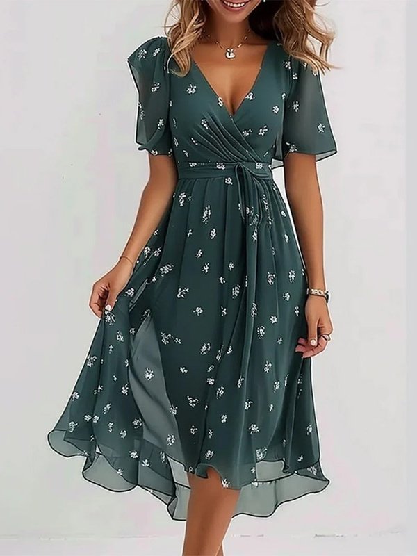 Damen Geblümt Kurzarm Sommer Print Kleid V-Ausschnitt Täglich Retro Maxikleid Rüschenrock A-Linien-Kleid