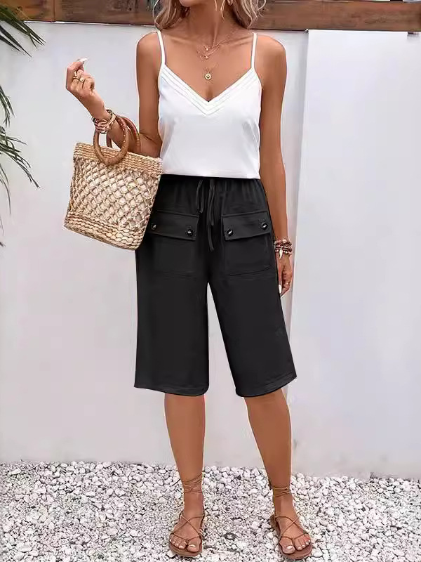 Damen Unifarben Fünfte Hose Elastische Taille Hose Lässig Sommer Hose