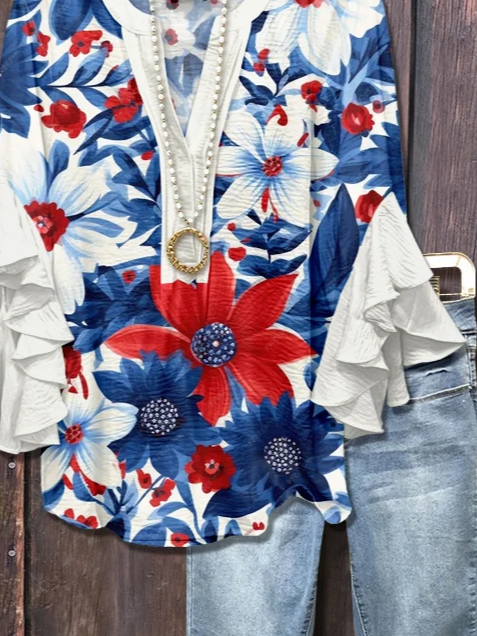 Damen Geblümt Halbarm Bluse Sommer Print V-Ausschnitt Täglich Lässig Oberteile