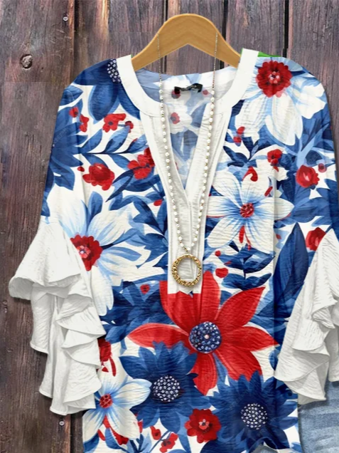 Damen Geblümt Halbarm Bluse Sommer Print V-Ausschnitt Täglich Lässig Oberteile