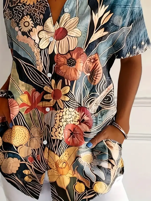 Damen Geblümt Kurzarm Bluse Sommer Print Hemdkragen Täglich Lässig Oberteile