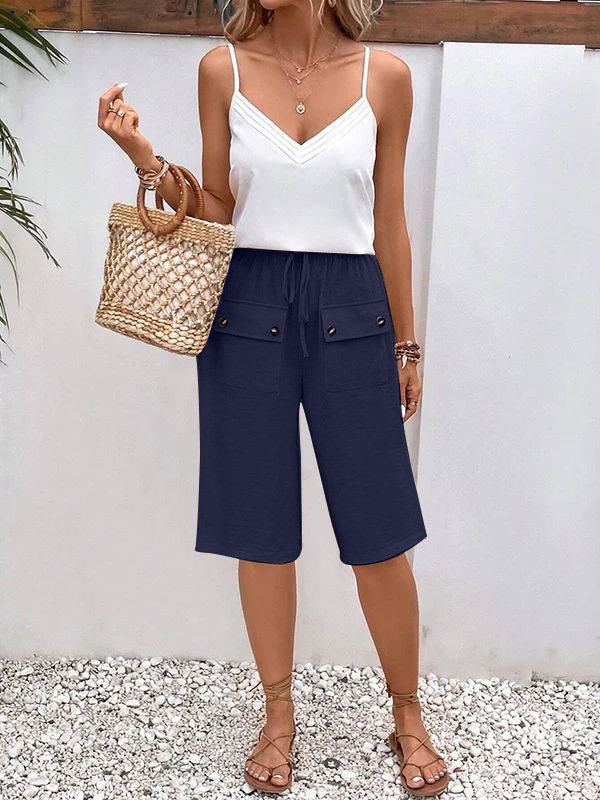 Damen Unifarben Fünfte Hose Elastische Taille Hose Lässig Sommer Hose