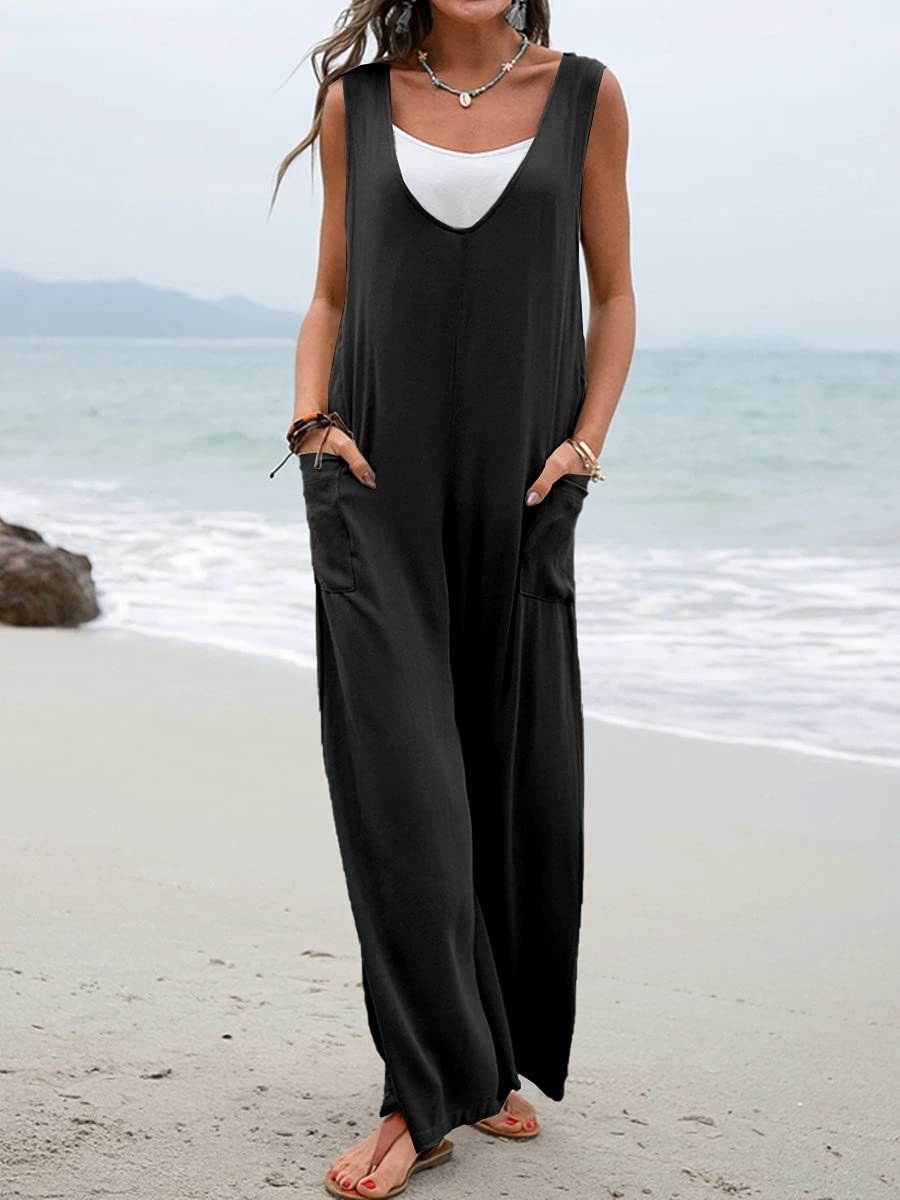 Damen Unifarben Rundhals Ärmellos Lässig Sommer Jumpsuit