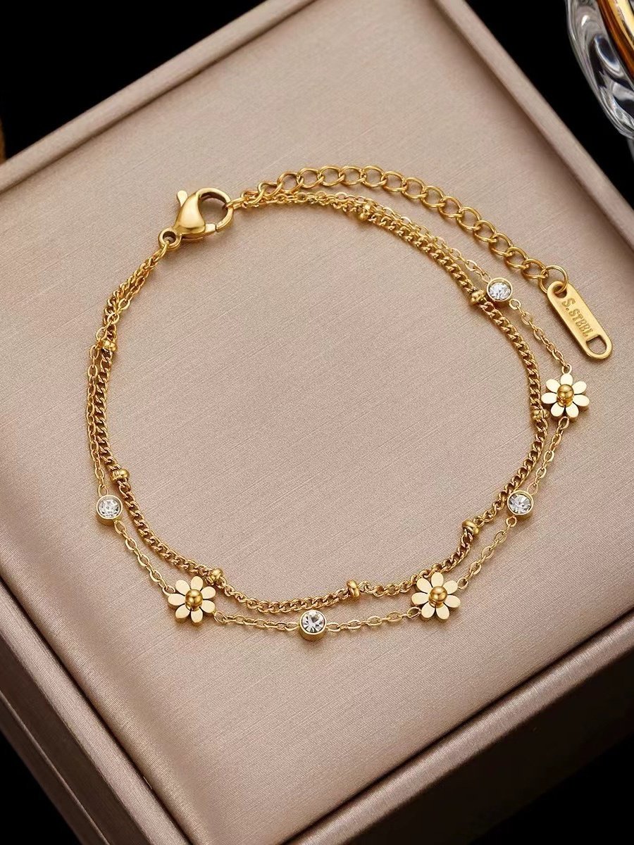 Klein Gänseblümchen Titan Stahl Nicht verblassend Armband Schmuck Blume Süß Doppelschicht Armband ins Persönlichkeit Nische Titan Stahl Armband