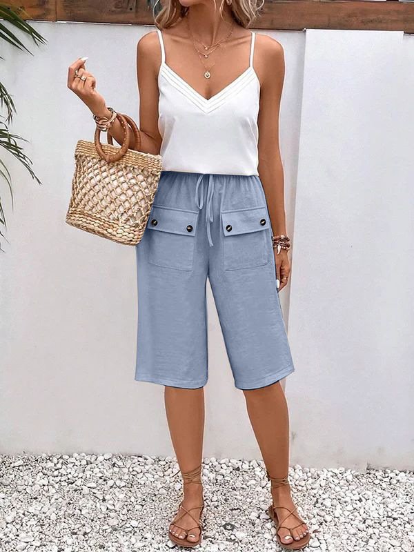 Damen Unifarben Fünfte Hose Elastische Taille Hose Lässig Sommer Hose