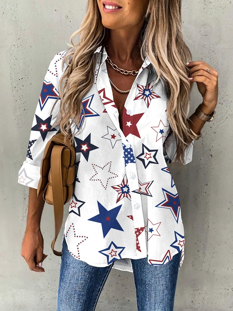 Damen Stern Langarm Bluse Frühling/Herbst Print Hemdkragen Täglich Lässig Oberteile