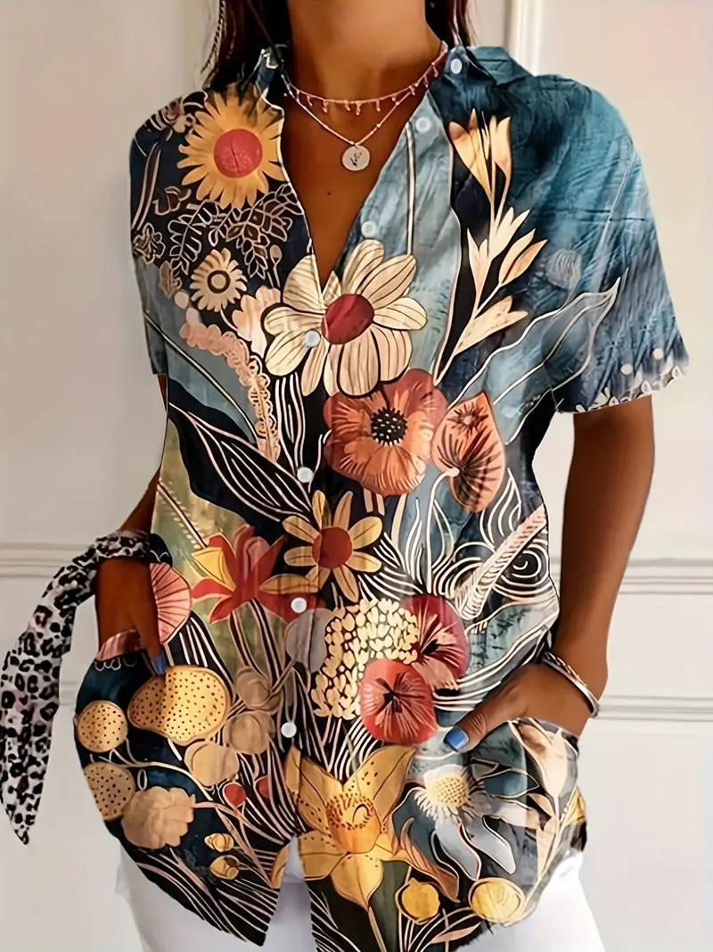 Damen Geblümt Kurzarm Bluse Sommer Print Hemdkragen Täglich Lässig Oberteile