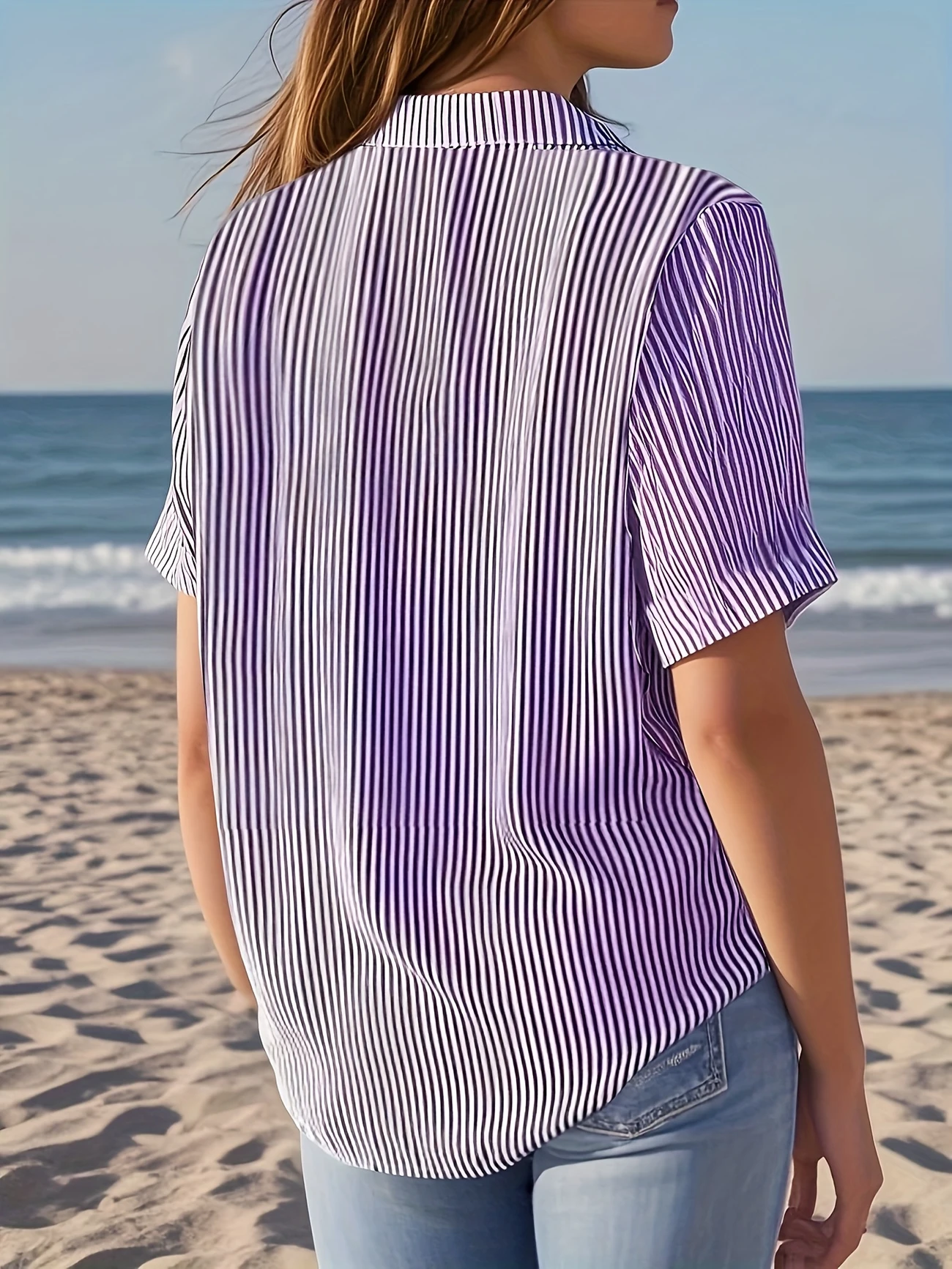 Damen Gestreift Kurzarm Bluse Sommer Print Hemdkragen Täglich Lässig Oberteile