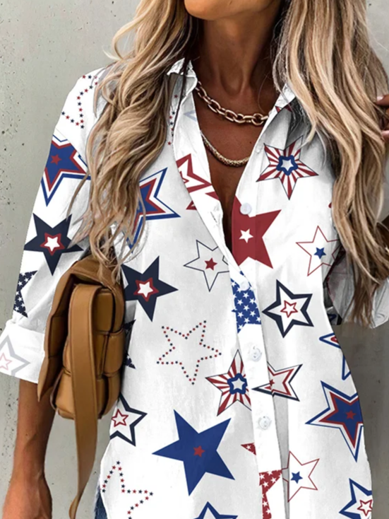 Damen Stern Langarm Bluse Frühling/Herbst Print Hemdkragen Täglich Lässig Oberteile