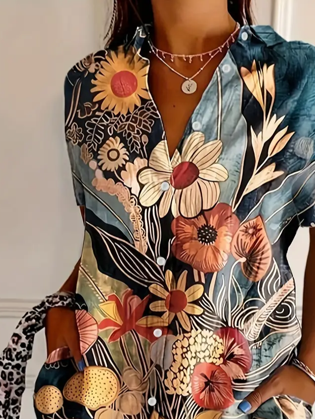 Damen Geblümt Kurzarm Bluse Sommer Print Hemdkragen Täglich Lässig Oberteile