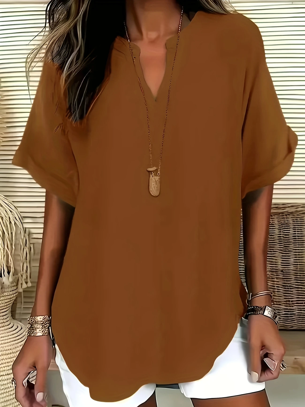 Damen Unifarben Kurzarm Bluse Sommer V-Ausschnitt Täglich Lässig Oberteile