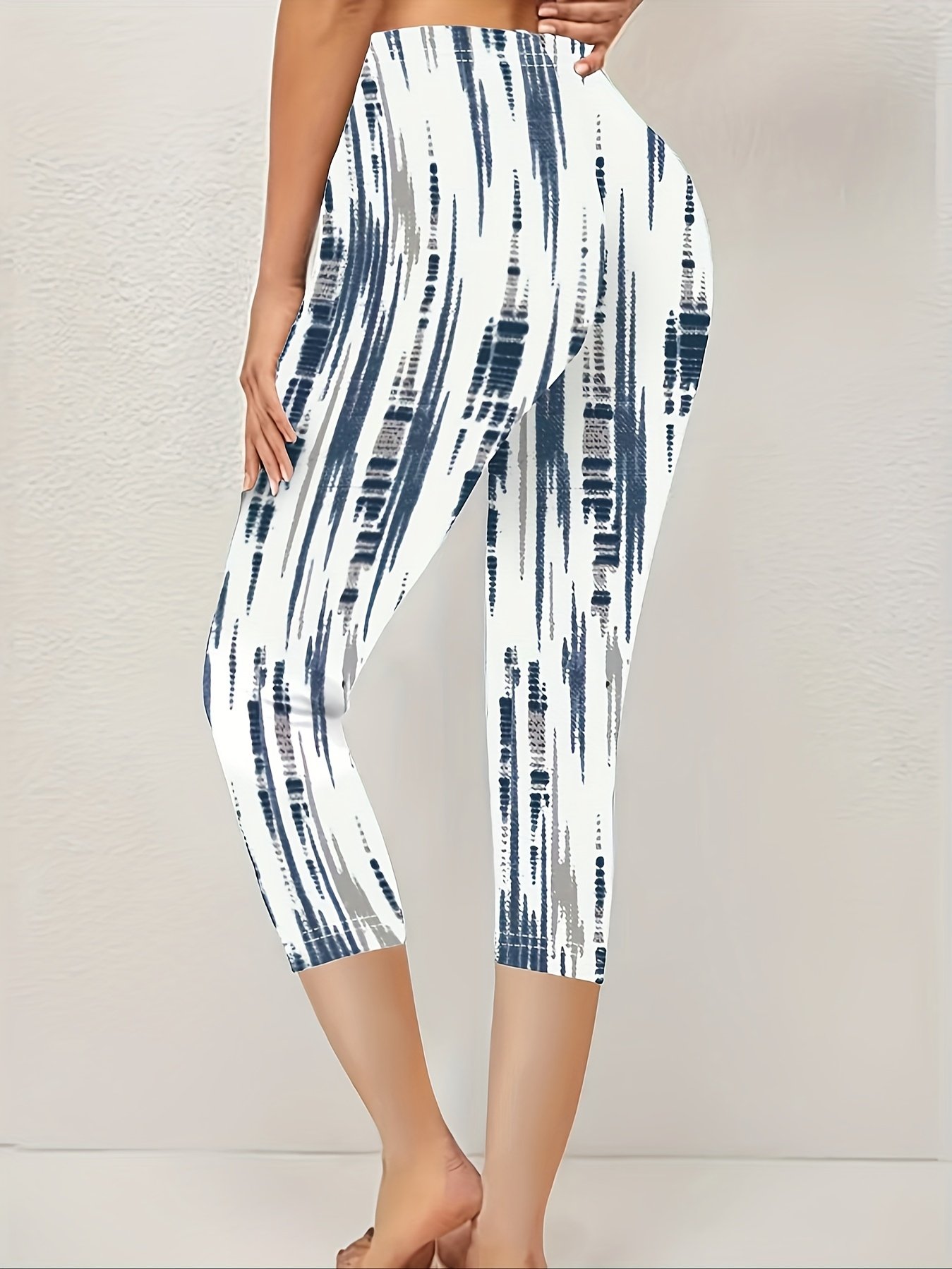 Damen abstrakte Streifen Caprihosen Elastische Taille Hose Lässig Sommer Hose