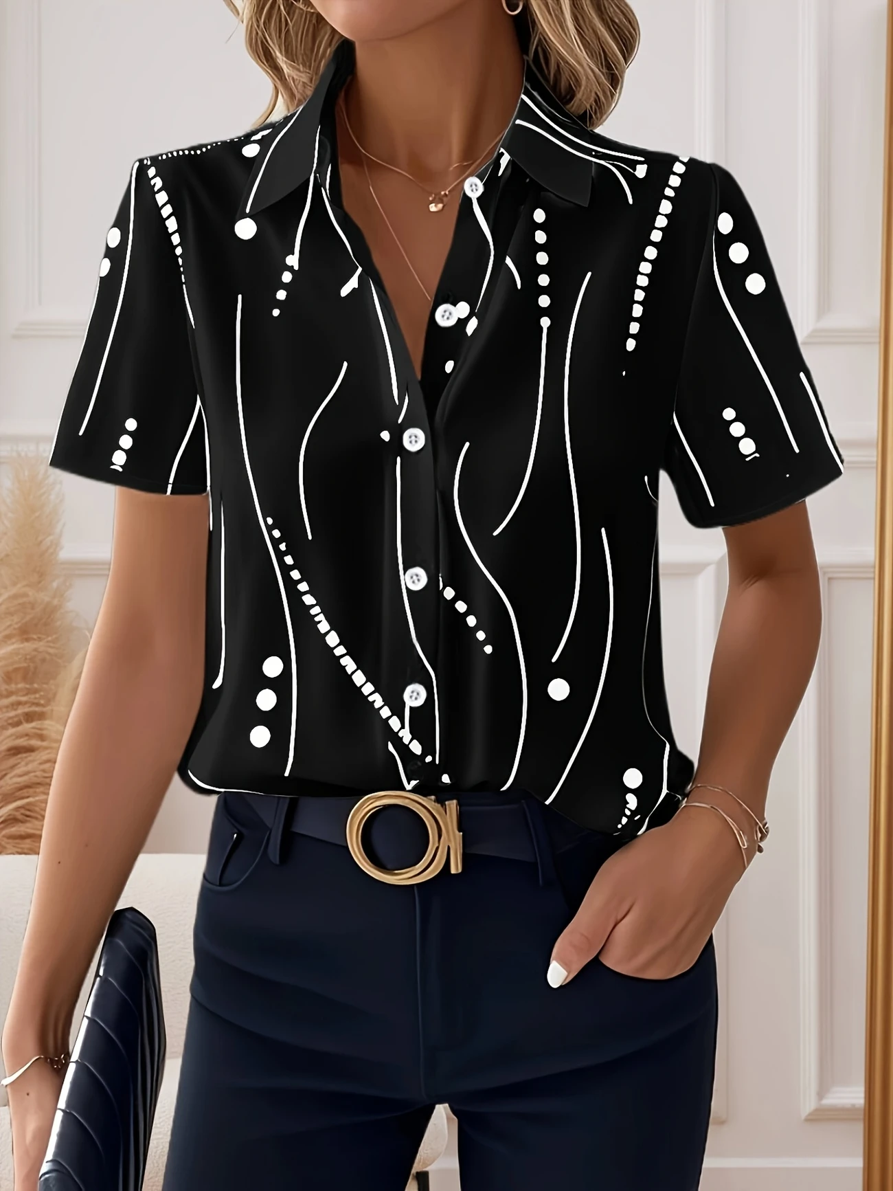 Damen abstrakte Streifen Kurzarm Bluse Sommer Print Hemdkragen Täglich Lässig Oberteile