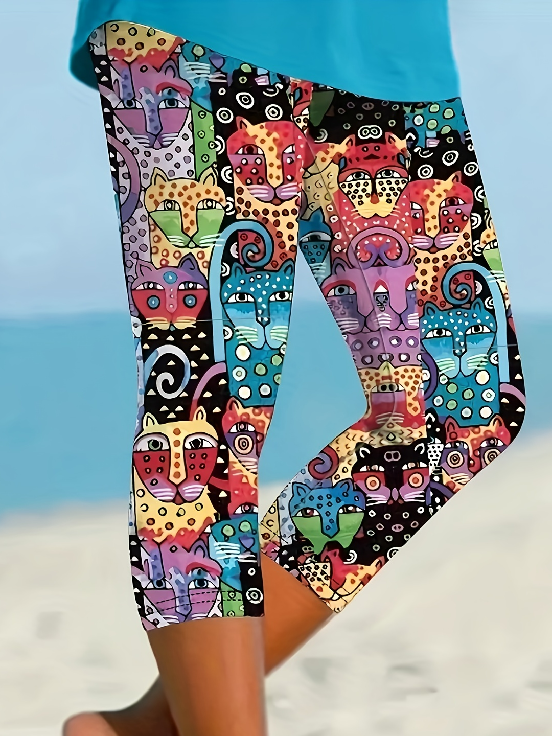 Damen Katze Caprihosen Elastische Taille Hose Lässig Sommer Hose