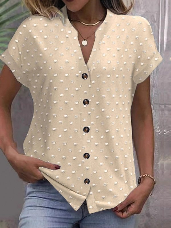 Damen Polka Dots Kurzarm T-Shirts T-Shirt V-Ausschnitt Jacquard Lässig Sommer Oberteile