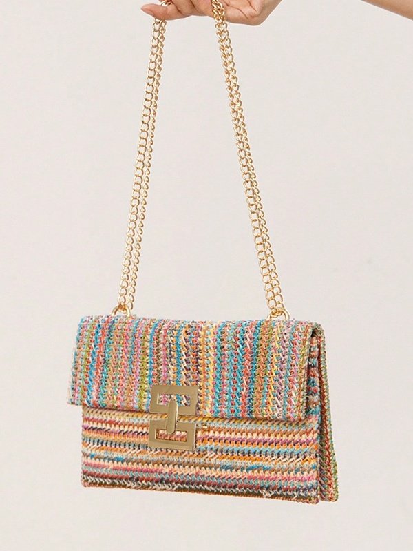 Urlaub Stil multi-Abteil Metallkette Flip Abdeckung Drehverschluss Stroh Tasche Umhängetasche Kette sperren Damen Tasche