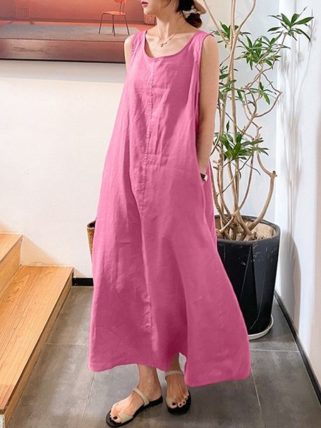 Damen Unifarben Ärmellos Sommer Nahtverarbeitung Kleid Rundhals Täglich Retro Maxikleid Tanktop A-Linien-Kleid