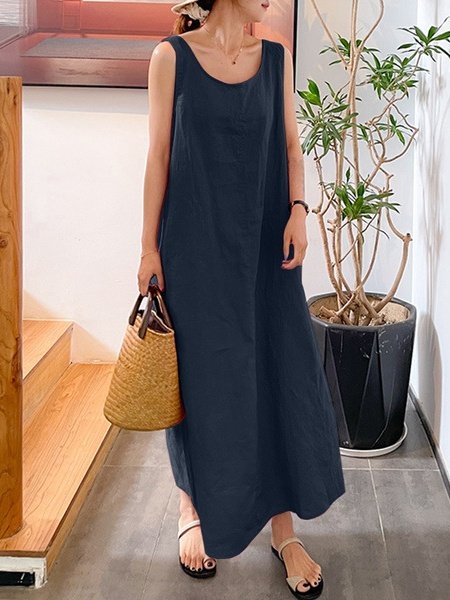 Damen Unifarben Ärmellos Sommer Nahtverarbeitung Kleid Rundhals Täglich Retro Maxikleid Tanktop A-Linien-Kleid