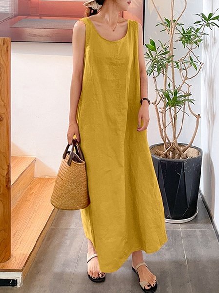 Damen Unifarben Ärmellos Sommer Nahtverarbeitung Kleid Rundhals Täglich Retro Maxikleid Tanktop A-Linien-Kleid