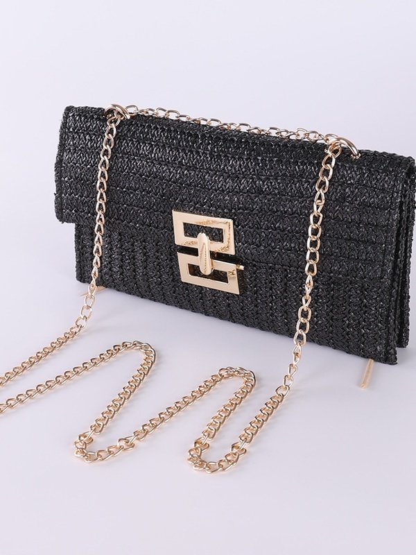 Urlaub Stil multi-Abteil Metallkette Flip Abdeckung Drehverschluss Stroh Tasche Umhängetasche Kette sperren Damen Tasche