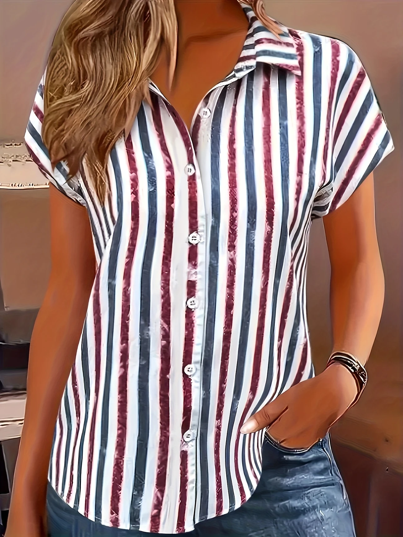 Damen Gestreift Kurzarm Bluse Sommer Print Hemdkragen Täglich Lässig Oberteile