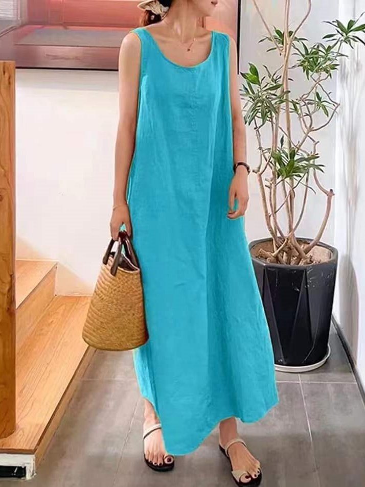 Damen Unifarben Ärmellos Sommer Nahtverarbeitung Kleid Rundhals Täglich Retro Maxikleid Tanktop A-Linien-Kleid