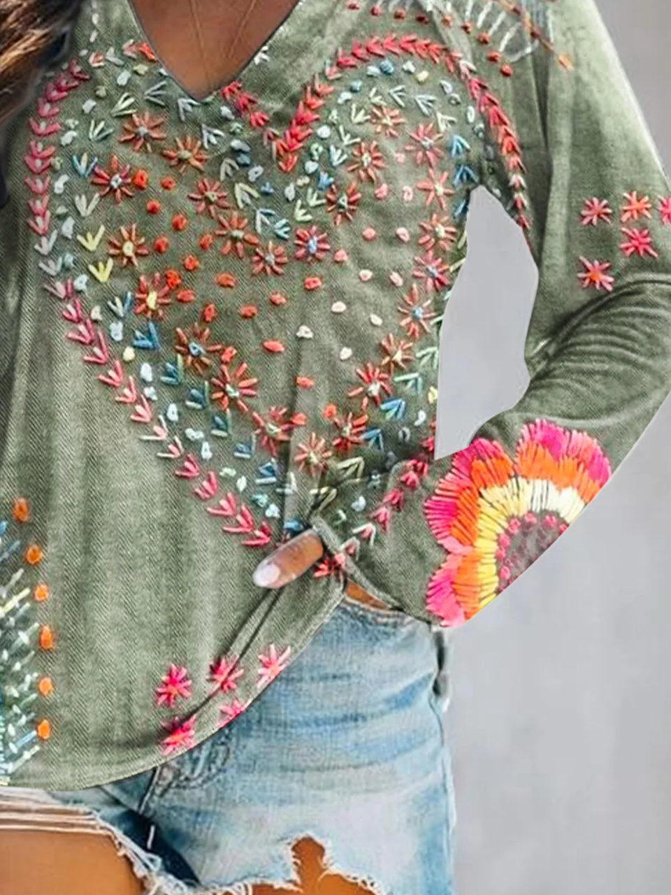 Damen Geblümt Langarm Bluse Frühling/Herbst Print V-Ausschnitt Täglich Lässig Oberteile