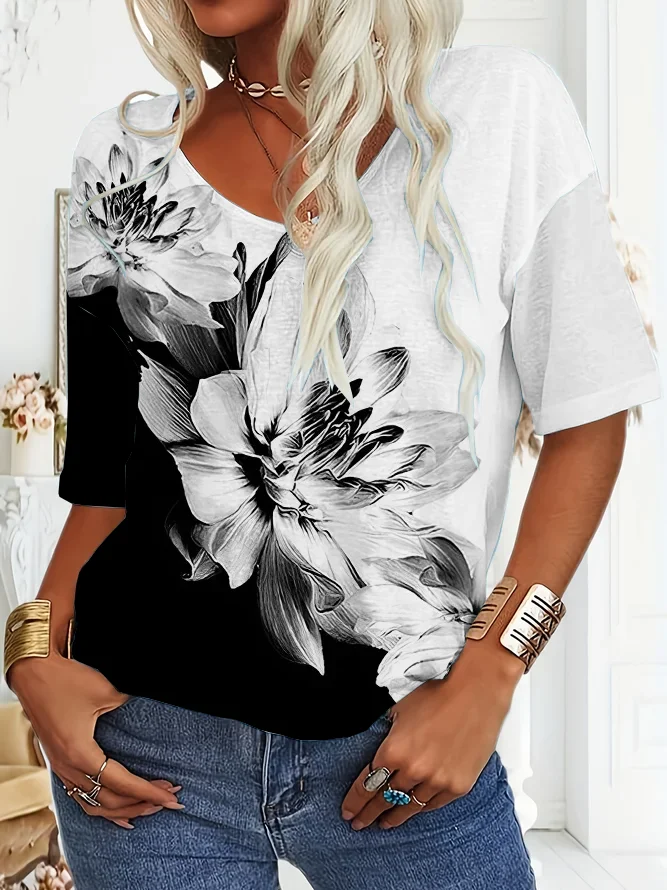 Damen Geblümt Kurzarm T-Shirts T-Shirt V-Ausschnitt Print Lässig Sommer T-Shirt mit Grafik Oberteile