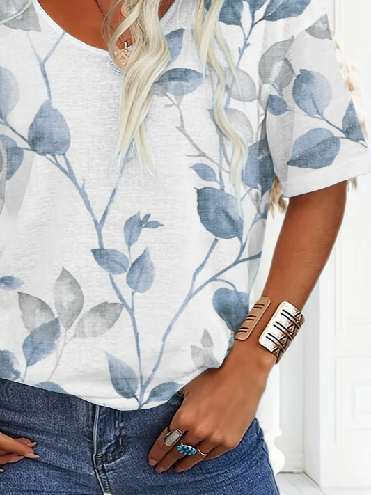 Damen Geblümt Kurzarm T-Shirts T-Shirt V-Ausschnitt Print Lässig Sommer T-Shirt mit Grafik Oberteile