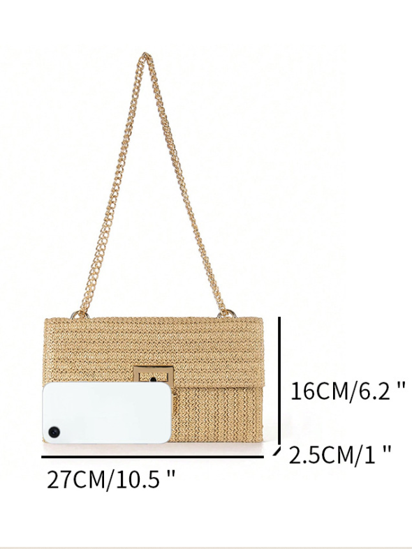 Urlaub Stil multi-Abteil Metallkette Flip Abdeckung Drehverschluss Stroh Tasche Umhängetasche Kette sperren Damen Tasche
