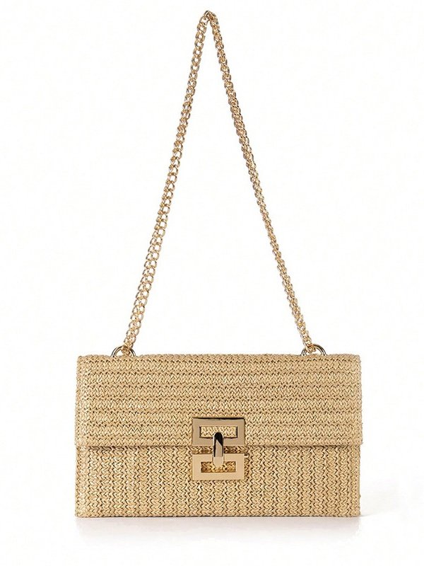 Urlaub Stil multi-Abteil Metallkette Flip Abdeckung Drehverschluss Stroh Tasche Umhängetasche Kette sperren Damen Tasche