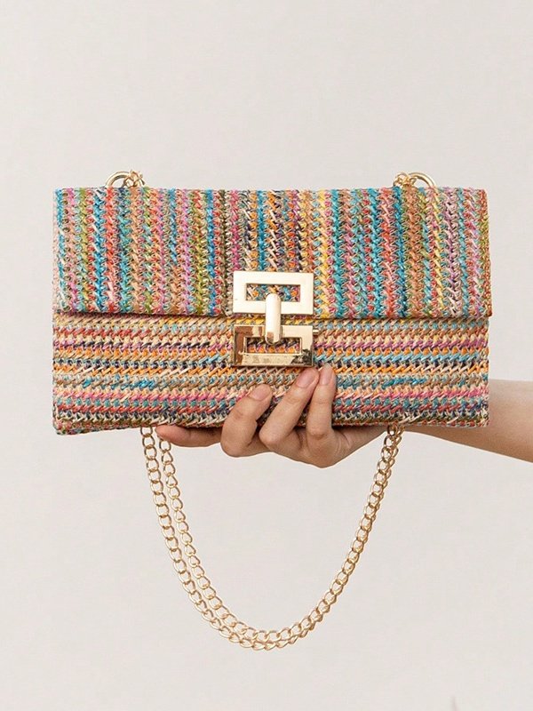 Urlaub Stil multi-Abteil Metallkette Flip Abdeckung Drehverschluss Stroh Tasche Umhängetasche Kette sperren Damen Tasche