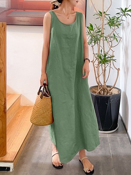 Damen Unifarben Ärmellos Sommer Nahtverarbeitung Kleid Rundhals Täglich Retro Maxikleid Tanktop A-Linien-Kleid