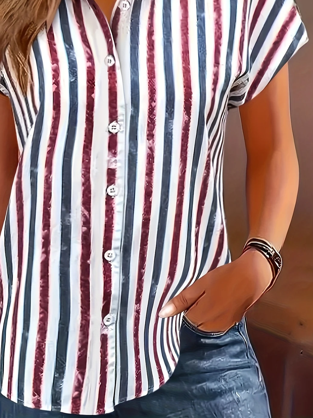 Damen Gestreift Kurzarm Bluse Sommer Print Hemdkragen Täglich Lässig Oberteile